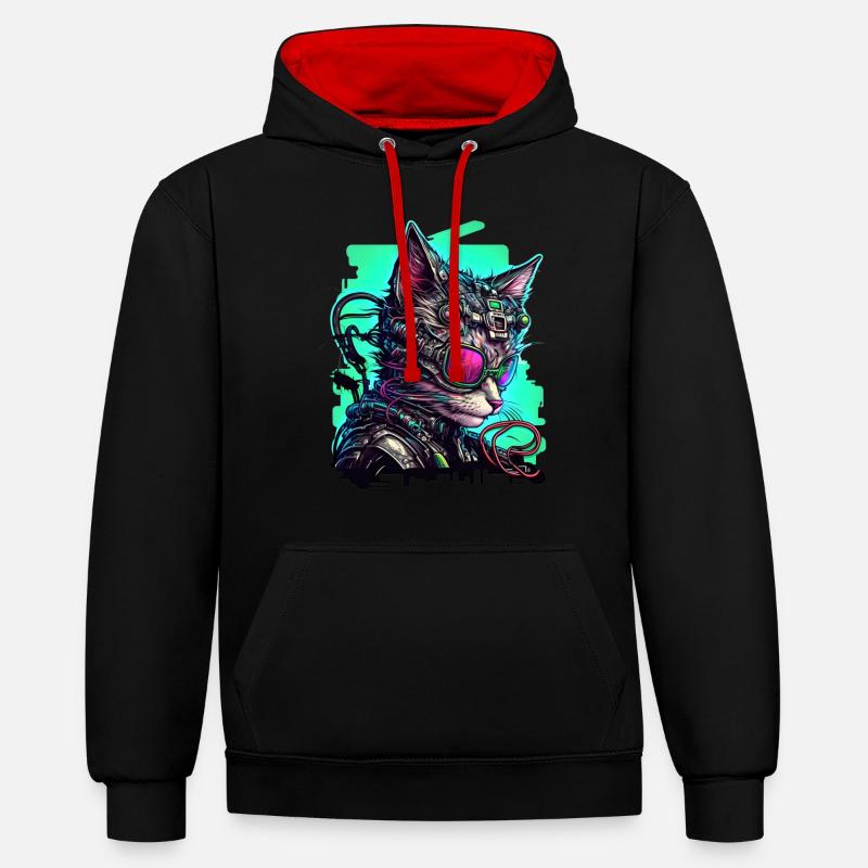 Chat cybernétique avec lunettes d’aviateur - Sweat à capuche contrasté - noir/rouge