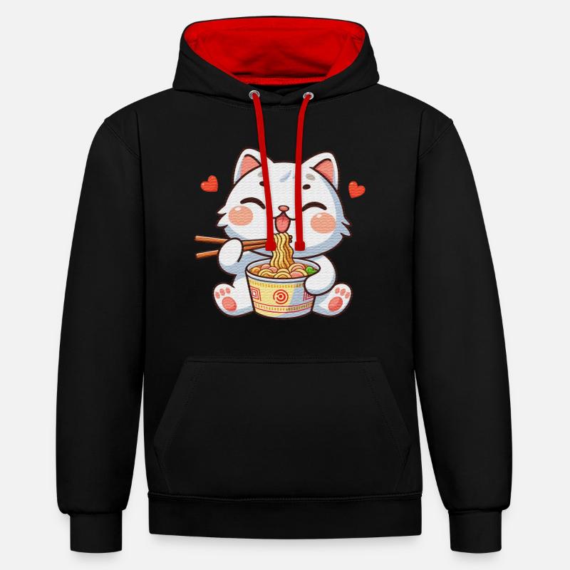 chat mignon mangeant des ramen - Sweat à capuche contrasté - noir/rouge