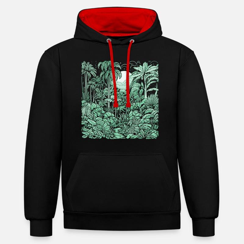 Motif jungle vert clair - Sweat à capuche contrasté - noir/rouge