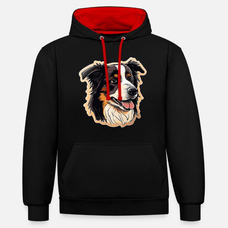 Chien Border Collie - Sweat à capuche contrasté - noir/rouge