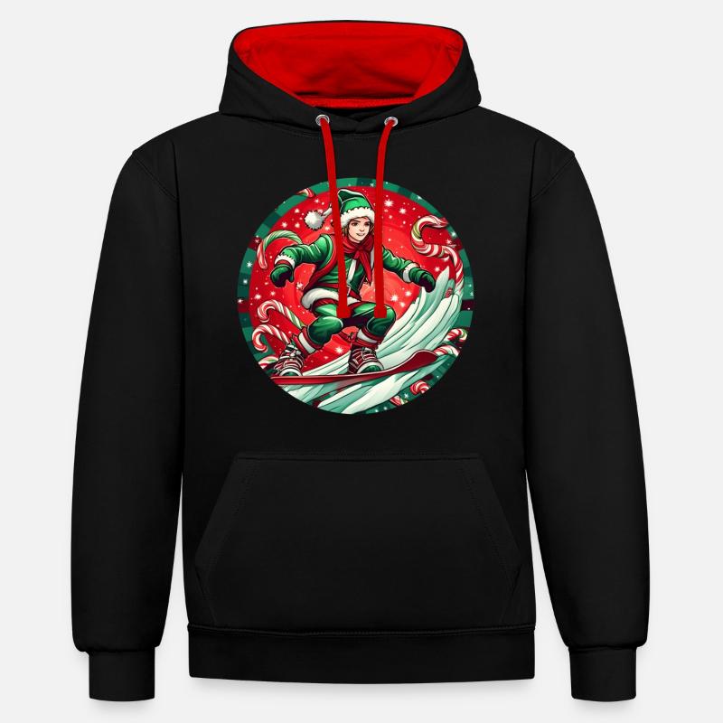 Elfe de Noël Snowboard - Sweat à capuche contrasté - noir/rouge