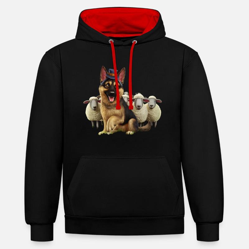 Deutscher Schäferhund mit kleinen Schäfchen - Kontrast-Hoodie - Schwarz/Rot
