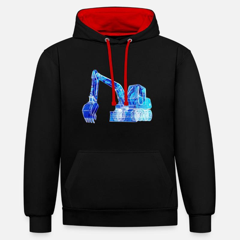 Excavatrice,Véhicule de construction,Conduite d’excavatrice,Graffiti,Bleu - Sweat à capuche contrasté - noir/rouge