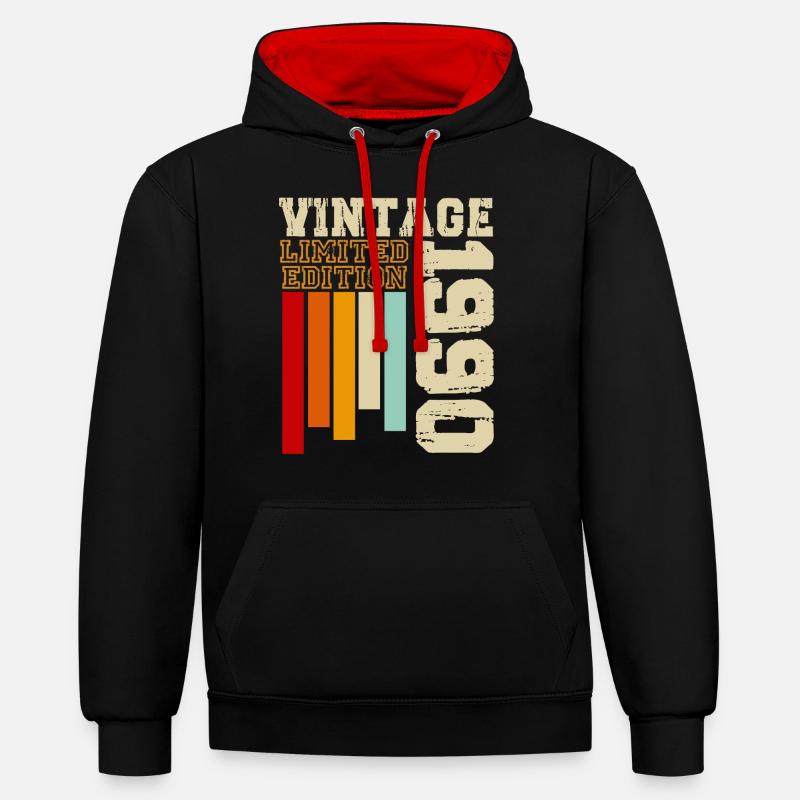 1990 - Sweat à capuche contrasté - noir/rouge