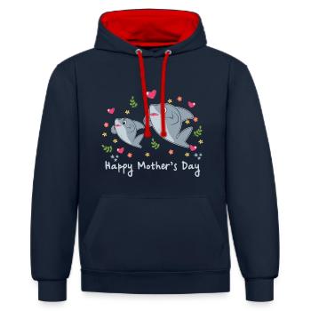 Animal Mom Shark pour la fête des mères - Sweat à capuche contrasté - bleu marine/rouge - Devant - Anna (173cm) & Nico (186cm)