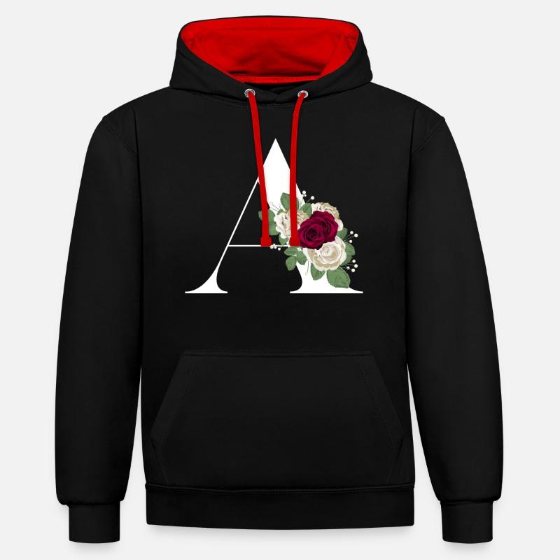 lettre A fleuris (blanche) - Sweat à capuche contrasté - noir/rouge