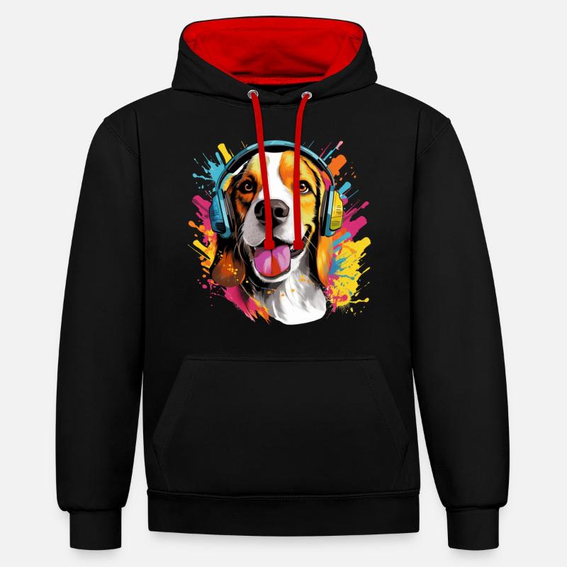 Bunter Beagle mit Kopfhörer Farbspritzer - Kontrast-Hoodie - Schwarz/Rot