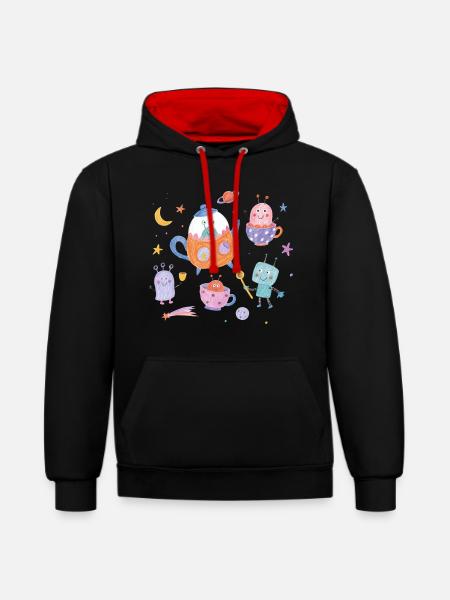 Alien-Teeparty - Kontrast-Hoodie - Schwarz/Rot