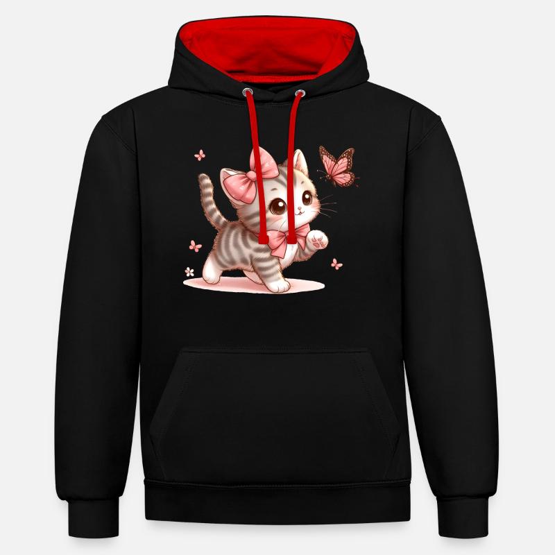 Chat avec papillon - Sweat à capuche contrasté - noir/rouge
