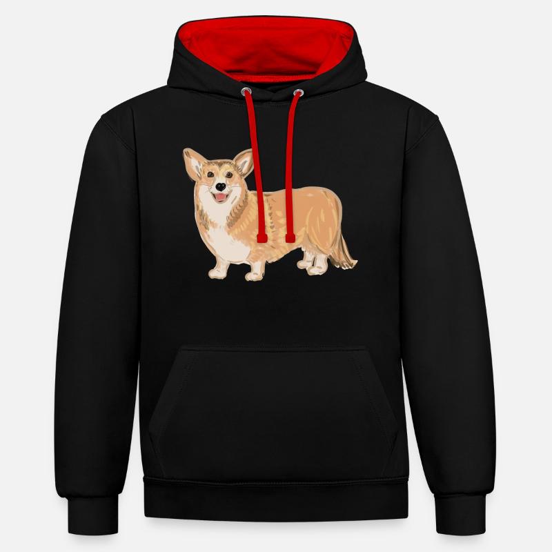 Corgi debout - Sweat à capuche contrasté - noir/rouge