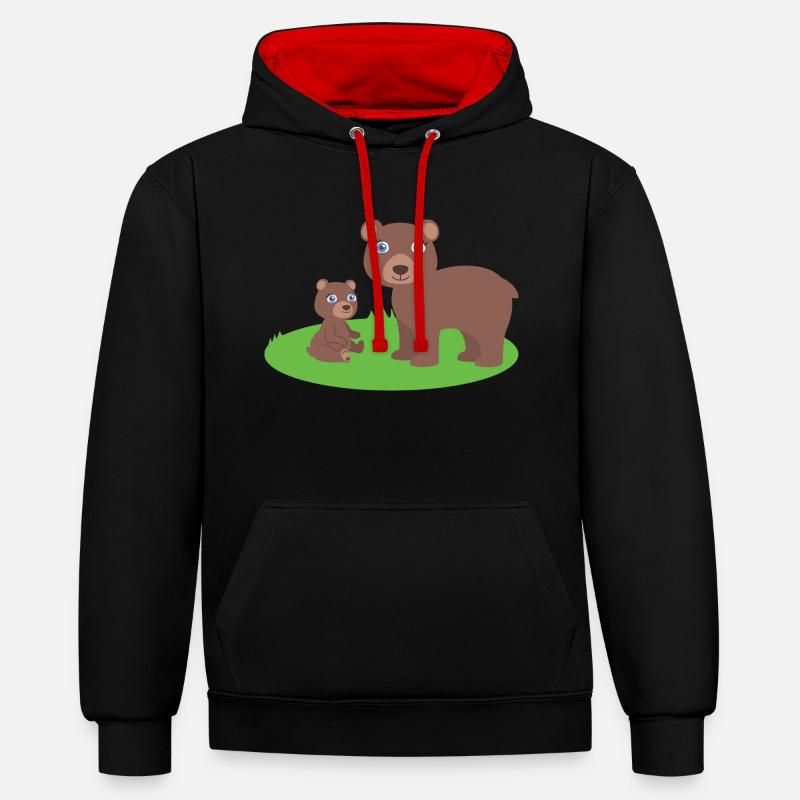 Mère ours avec l’enfant ours - Sweat à capuche contrasté - noir/rouge