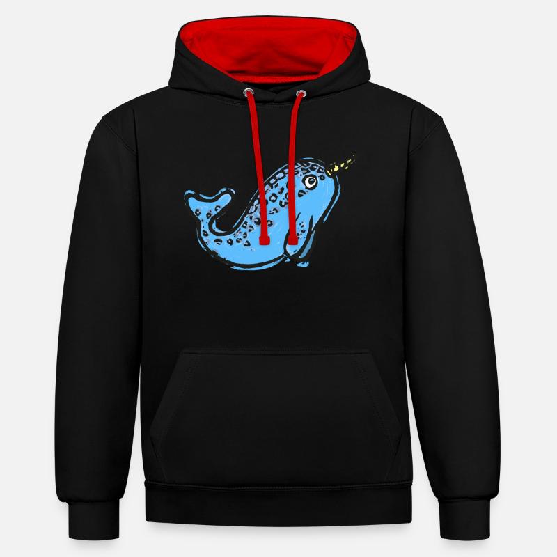 Illustration mignonne de narval - Sweat à capuche contrasté - noir/rouge