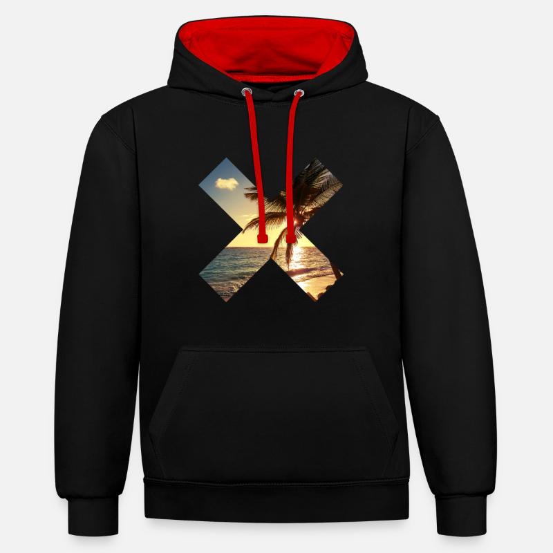 Été, palmier, plage - croix - Sweat à capuche contrasté - noir/rouge