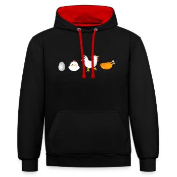 évolution œuf poulet coq poule original - Sweat à capuche contrasté - noir/rouge - Devant - Anna (173cm) & Nico (186cm)