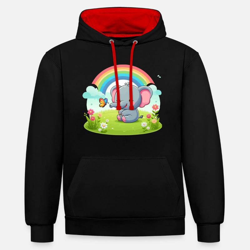 Éléphant joyeux et arc-en-ciel - Sweat à capuche contrasté - noir/rouge