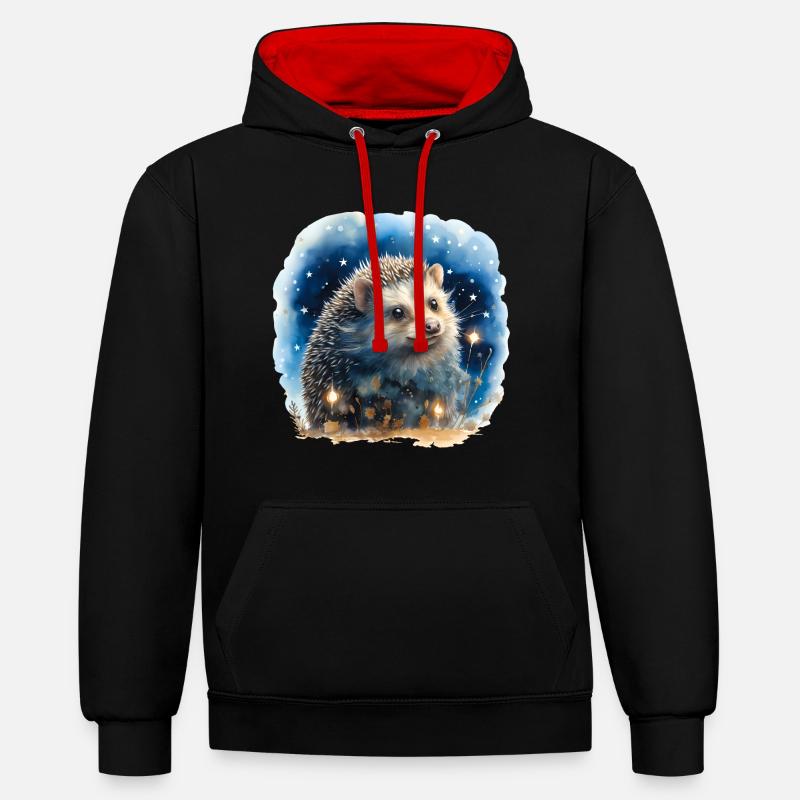 Hérisson aquarelle avec ciel étoilé - Sweat à capuche contrasté - noir/rouge