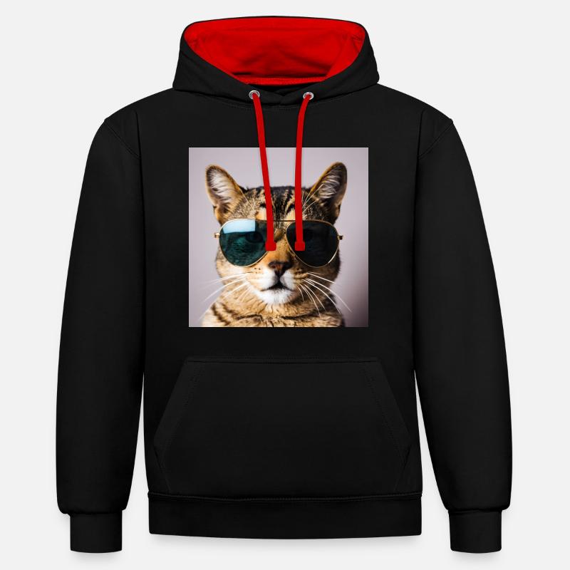 Chat avec des lunettes de soleil - Sweat à capuche contrasté - noir/rouge