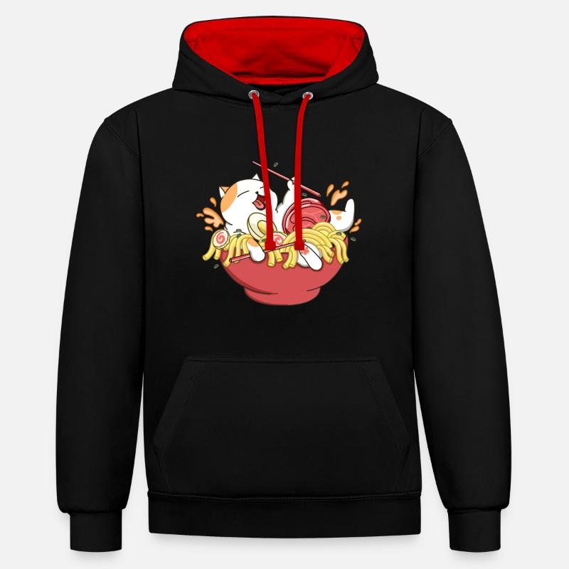 Happy Cat Ramen Nouilles - Sweat à capuche contrasté - noir/rouge