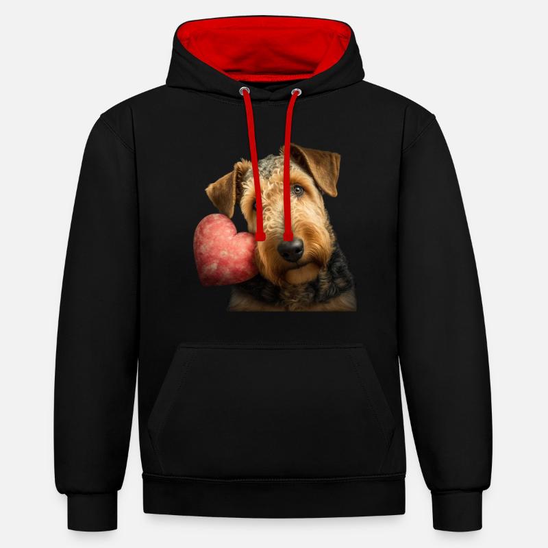 Airedale Terrier Saint-Valentin - Sweat à capuche contrasté - noir/rouge