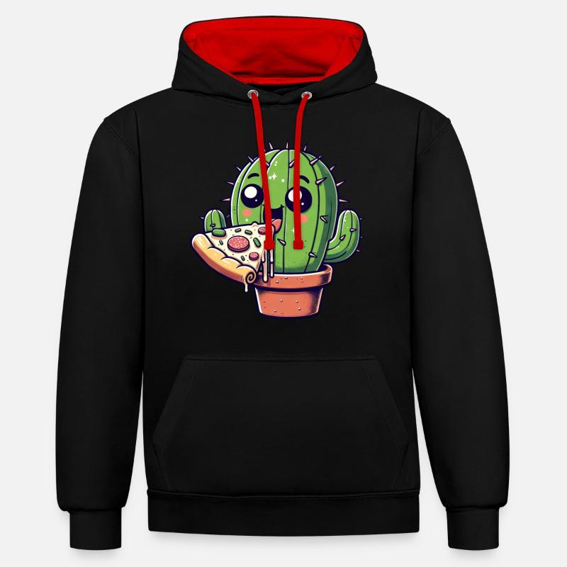 Bande dessinée mignonne Cactus Pizza - Sweat à capuche contrasté - noir/rouge