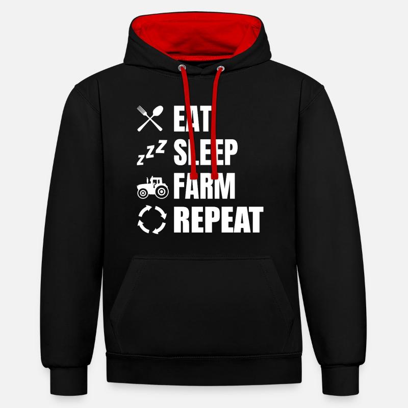 Manger, dormir, labourer, répéter - Sweat à capuche contrasté - noir/rouge