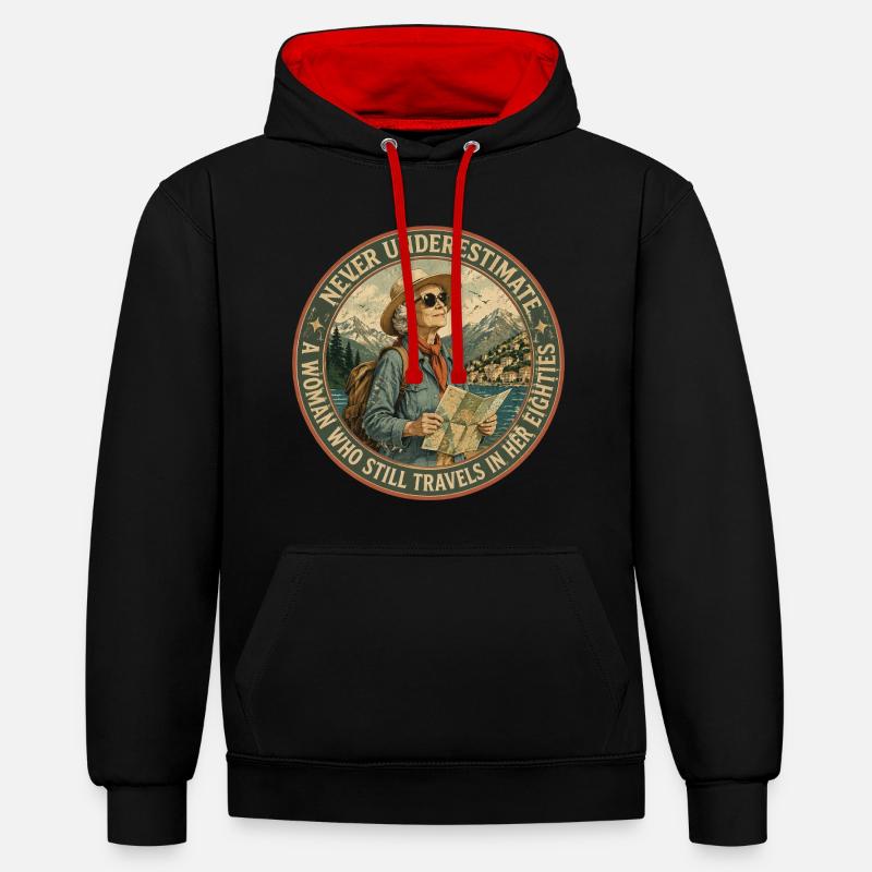 Baroudeuse de 80 ans : L'Aventure Continue - Sweat à capuche contrasté - noir/rouge