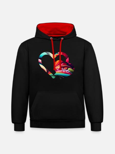 Herz, Liebe, Liebe, bunt - Kontrast-Hoodie - Schwarz/Rot