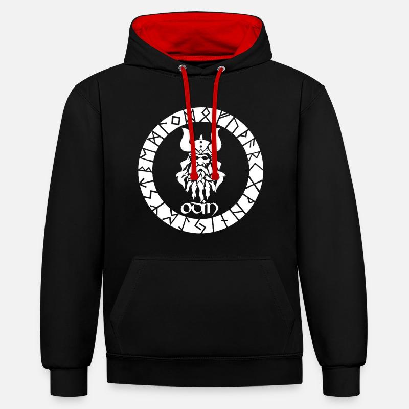 Dieu Odin et runes vikings blanches - Sweat à capuche contrasté - noir/rouge