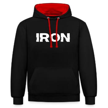 Bodybuilding Fitness Gym Iron Eisen - Kontrast-Hoodie - Schwarz/Rot - Vorne - Anna (173cm) & Nico (186cm)