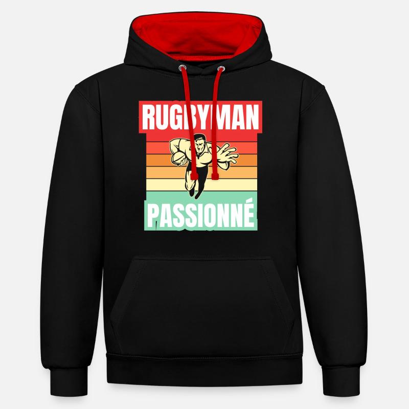 rugbyman passionné - Sweat à capuche contrasté - noir/rouge