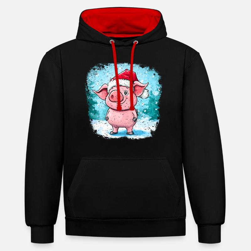 Cochon Père Noël - Sweat à capuche contrasté - noir/rouge