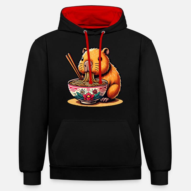 Mignon Kawaii Capybara Ramen Anime - Sweat à capuche contrasté - noir/rouge