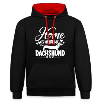 Dackel : Zuhause - Kontrast-Hoodie - Schwarz/Rot - Vorne - Anna (173cm) & Nico (186cm)