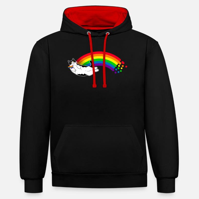 Chat arc-en-ciel - Sweat à capuche contrasté - noir/rouge