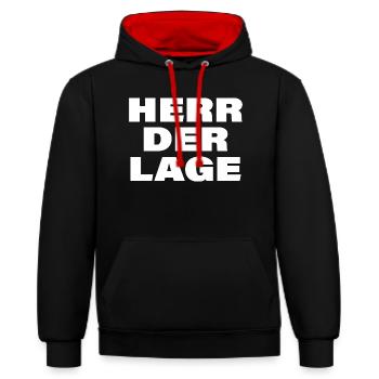 HERR DER LAGE - Kontrast-Hoodie - Schwarz/Rot - Vorne - Anna (173cm) & Nico (186cm)