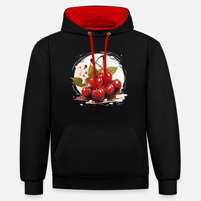 Cerisier - illustration - Sweat à capuche contrasté - noir/rouge