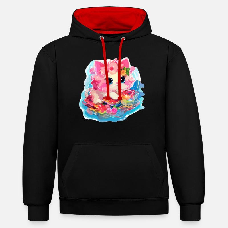 Chat - illustration - Sweat à capuche contrasté - noir/rouge
