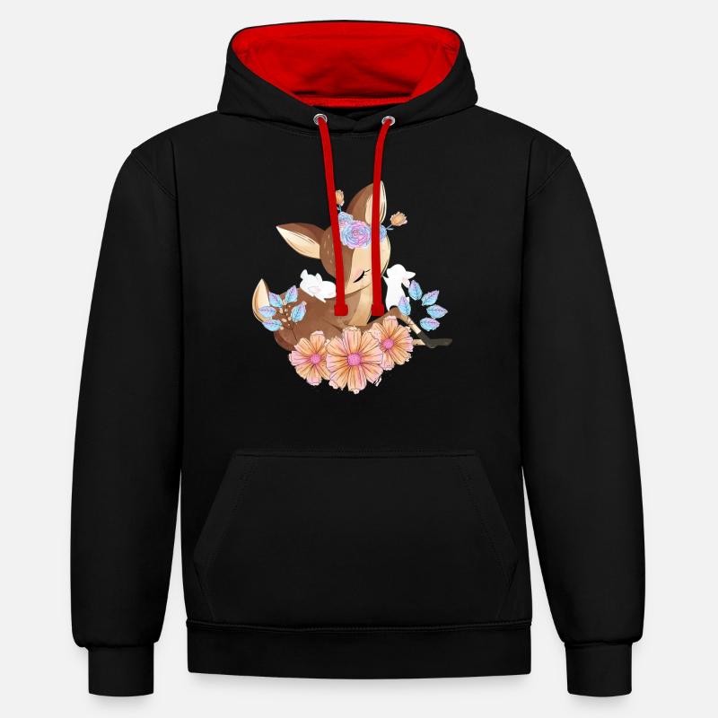 Cerf avec des fleurs - Sweat à capuche contrasté - noir/rouge