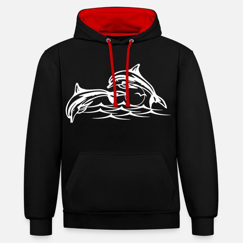 Les dauphins blancs - Sweat à capuche contrasté - noir/rouge