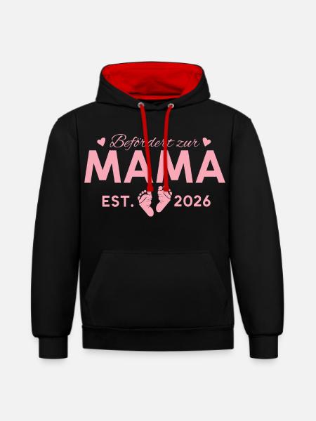 Befördert zur Mama 2026 Mutterschaft - Kontrast-Hoodie - Schwarz/Rot