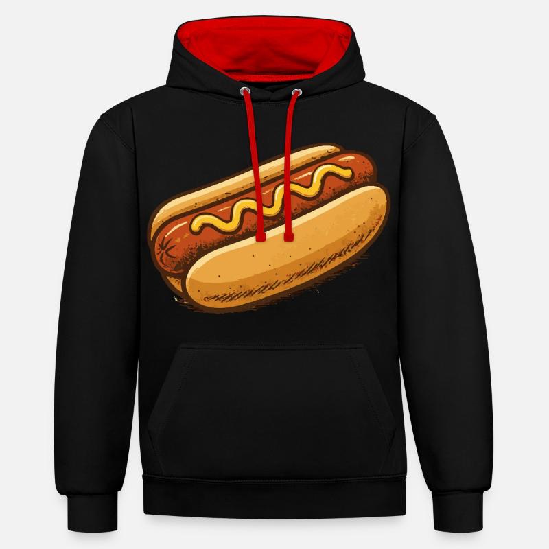 Illustration de dessins animés de hot-dog - Sweat à capuche contrasté - noir/rouge