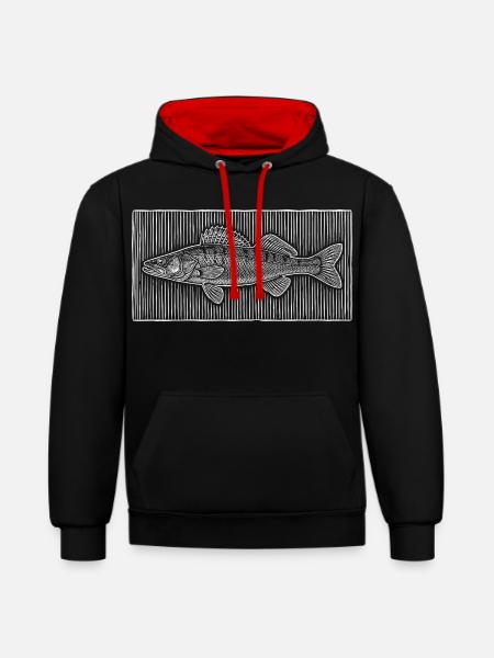 Line-Art – Edles Angler & Fischer Design - Kontrast-Hoodie - Schwarz/Rot