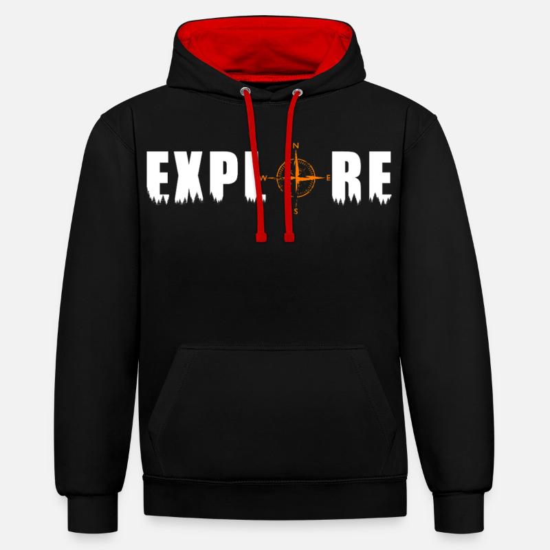 Explore Motiv mit einem Kompass - Kontrast-Hoodie - Schwarz/Rot