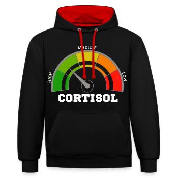 Lustiges, niedriges Cortisol, urkomisches, stressfreies Cortisol - Kontrast-Hoodie - Schwarz/Rot - Vorne - Anna (173cm) & Nico (186cm)