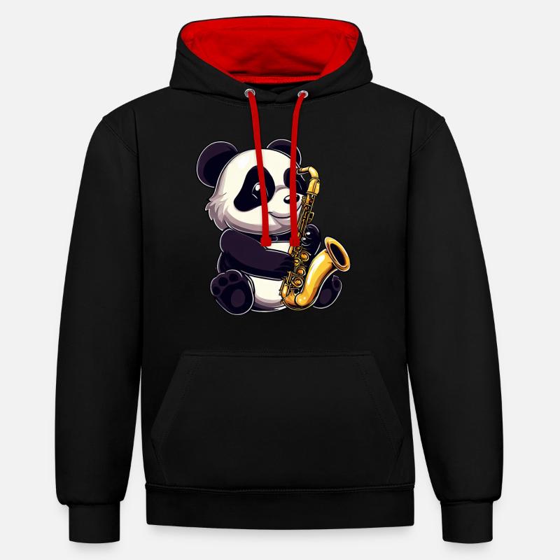 Panda mignon avec un saxophone - Sweat à capuche contrasté - noir/rouge