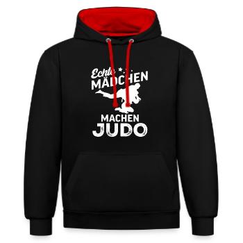 echte maedchen machen judo  - Kontrast-Hoodie - Schwarz/Rot - Vorne - Anna (173cm) & Nico (186cm)