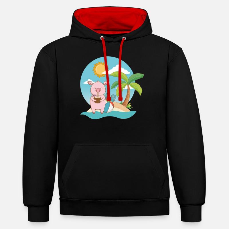 Cochon sur la plage - Sweat à capuche contrasté - noir/rouge