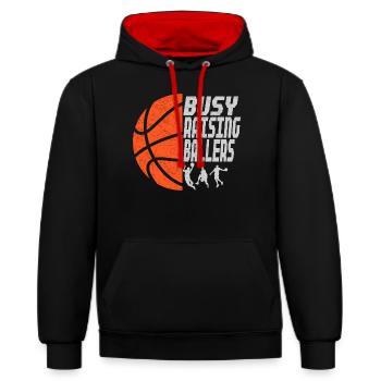 Basketball Papa Vater Busy Raising Ballers - Kontrast-Hoodie - Schwarz/Rot - Vorne - Anna (173cm) & Nico (186cm)