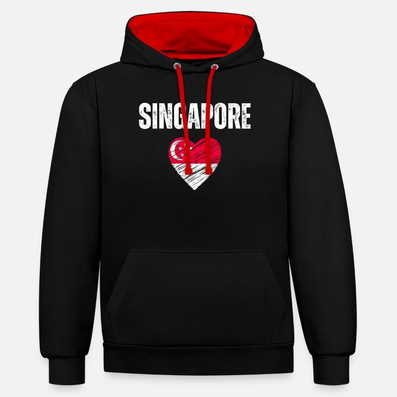J’aime Singapour, le drapeau de Singapour - Sweat à capuche contrasté - noir/rouge