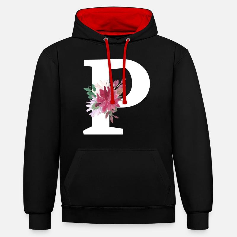 Lettre p floral - Sweat à capuche contrasté - noir/rouge